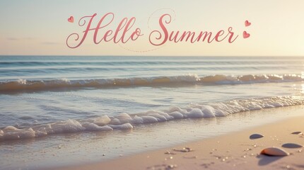 Calm seascape with soft waves, sandy shore and pastel sky. “Hello Summer” inscription in italics with decorative hearts. Summer, relaxation and natural harmony theme.