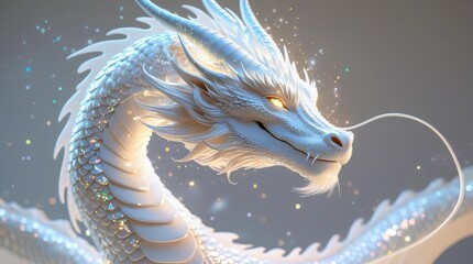 A magnificent white dragon with shimmering scales radiates mystical radiance and kindness. Its graceful form and glowing eyes emphasize wisdom and grace. © Nastassia
