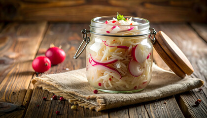 Homemade Radish and Cabbage Fermented Salad in a Glass Jar