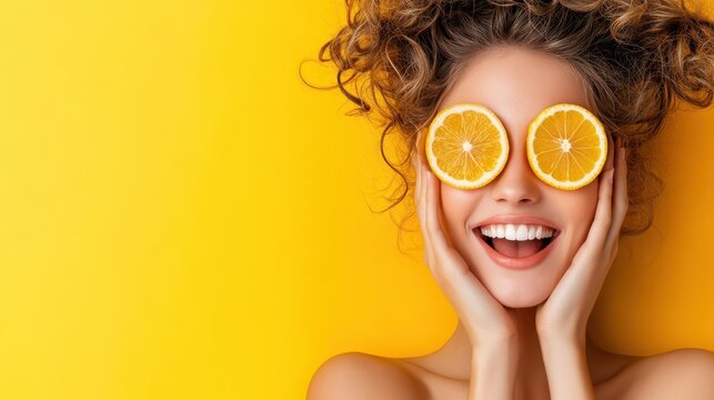 A cheerful woman playfully holding orange slices over her eyes, radiating joy and vibrancy against a bright yellow backdrop that symbolizes positivity and freshness.