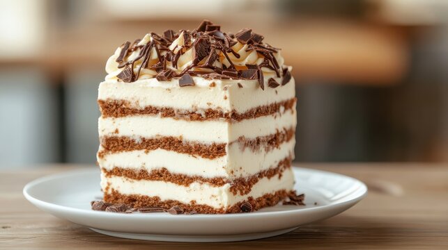 An indulgent slice of layered chocolate cake topped with whipped cream and chocolate shavings on a plate, inviting a rich taste experience that pleases the eye and palate.