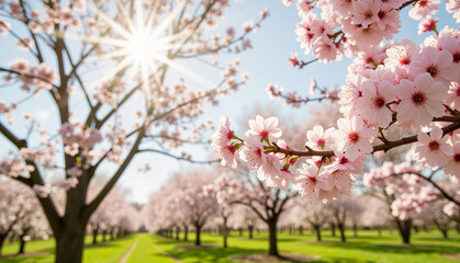 Cherry blossoms blooming in spring park with sunlight shining brightly  