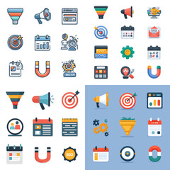 Digital marketing icon pack with elements like megaphones, funnels, calendars, SEO badges, magnets, and charts. Ideal for business, campaign planning, and content strategy.

