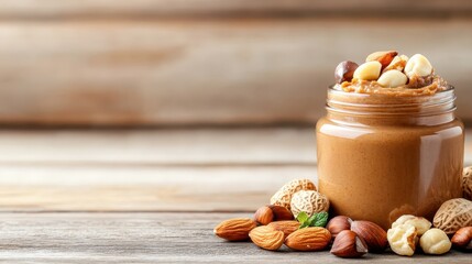 A jar of creamy nut butter sits elegantly surrounded by a variety of whole nuts, showcasing a healthy lifestyle and the delicious appeal of natural nut-based foods.