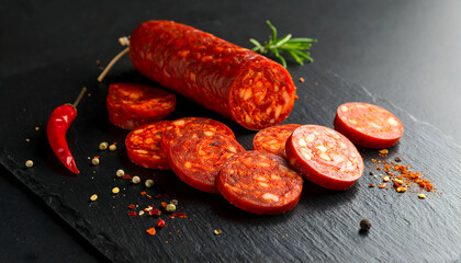 Spicy Chorizo Slices on Dark Slate
