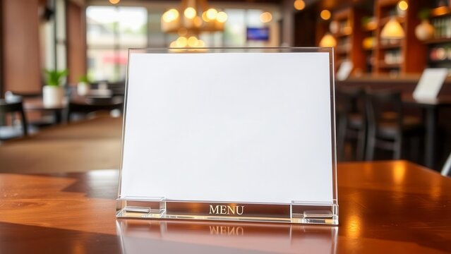 Blank acrylic sign mockup on bar table with blurred cafe background. Suitable for menu, advertisement or brand display. Ideal for food service design.
