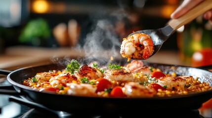 A vibrant paella cooking in a pan, featuring succulent shrimp, fresh vegetables, and aromatic herbs, steam rising, showcasing the essence of Mediterranean culinary tradition.