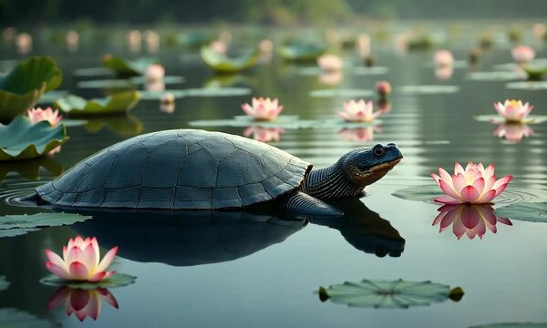 Yangtze Giant Softshell Turtle Surfacing in Lotus Lake with Ancient Ink Style

