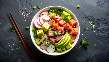 Delicious Poke Bowl with Salmon, Tuna, Avocado, and Radishes