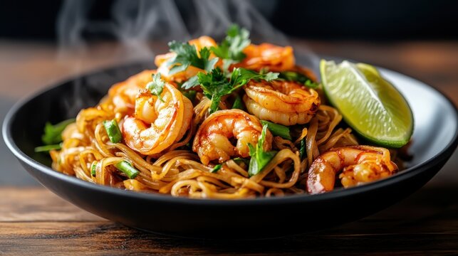 A mouthwatering plate of steaming shrimp noodles garnished with fresh herbs and lime, highlighting the vibrant colors and flavors of a culinary masterpiece ready to savor.