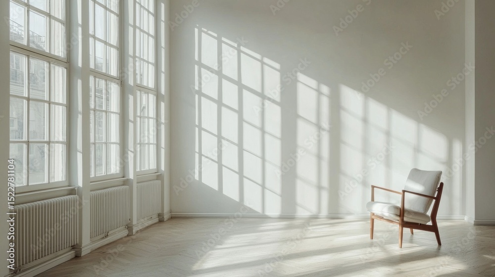 Poster modern scandinavian minimalist living space with natural light and shadows highlighting an elegant c