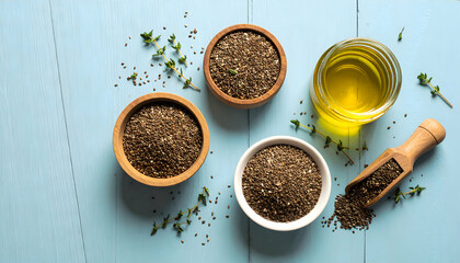 Chia Seeds, Oil and Thyme: A Healthy and Nutritious Image