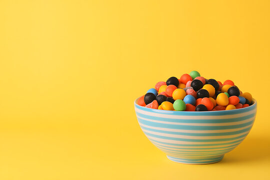 bowl overflowing with colorful Halloween candy yellow background