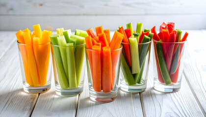 Colorful Vegetable Sticks in Glasses: A Healthy Snack