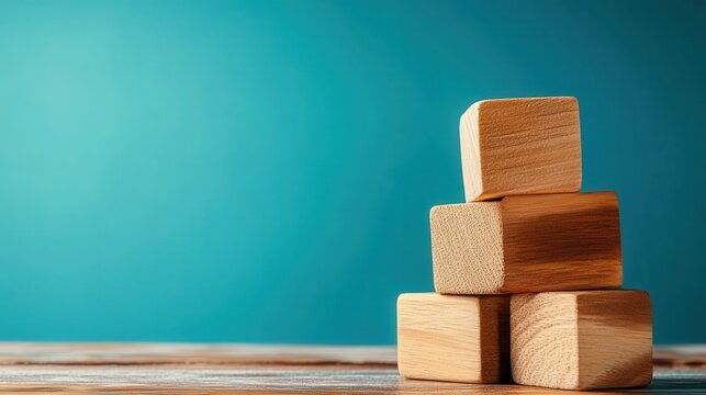 An artistic arrangement of wooden blocks gracefully stacked atop each other against a vibrant blue background, symbolizing stability, growth, and childhood creativity in play.