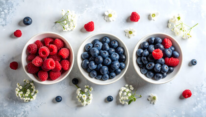 Summer Berries Delight: Raspberries and Blueberries in White Bowls