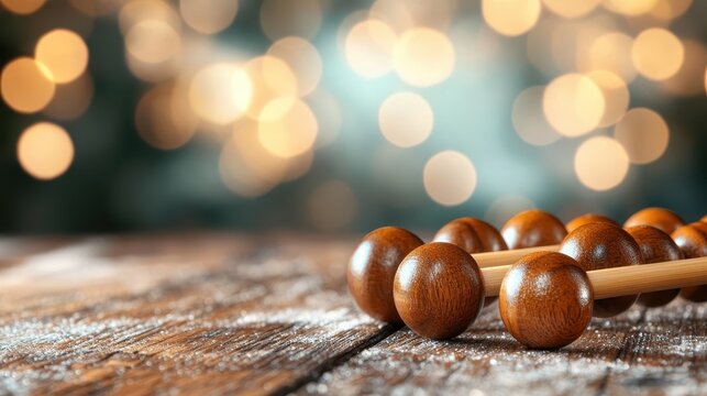 A stylish arrangement of wooden beads set against a warm, softly blurred background, conveying a sense of calm, simplicity, and artistic elegance.