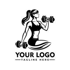 Strong fit woman lifting dumbbells in workout gear, black and white cartoon vector illustration
