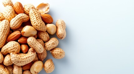 A beautiful arrangement of assorted nuts including peanuts and almonds on a light background, emphasizing healthy snacking and a nutritious lifestyle choice.