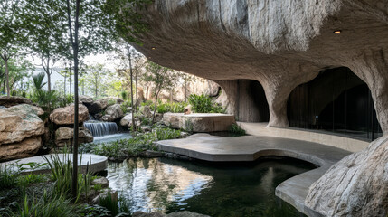 Naklejka premium Nature-Fused Architecture: A Building Embedded in Landscape with Rock Overhangs and Integrated Water Pools
