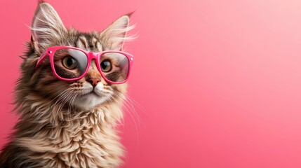 A fluffy cat wearing playful pink glasses against a warm pink background, embodying a whimsical and charming personality that appeals to pet lovers and admirers alike.