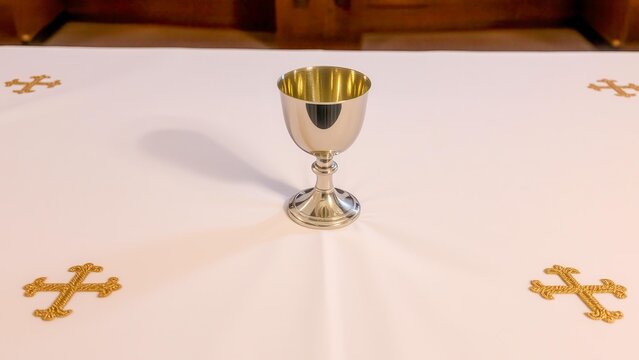 The silver chalice and paten on the white altar cloth with golden crosses symbolize the Eucharist. The atmosphere of priesthood and silence. Christian worship in detail.
