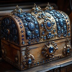 Chest with precious blue gems and gold trim High Resolution Picture