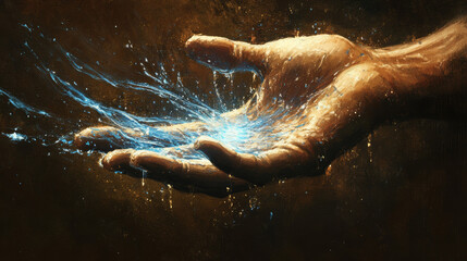 Fototapeta premium A brown hand with thin blue streams of water flowing through its fingers, representing connection and renewal 
