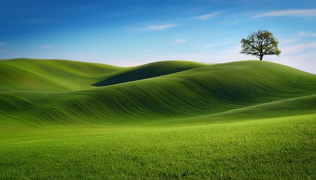 Tranquil landscape of undulating green hills with a solitary tree against a blue sky - Powered by Adobe