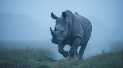Obraz premium Majestic rhinoceros running through misty landscape, showcasing its powerful physique and unique horn. serene atmosphere adds to beauty of this