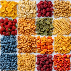 Colorful Snack Assortment on White Surface with Variety of Snacks