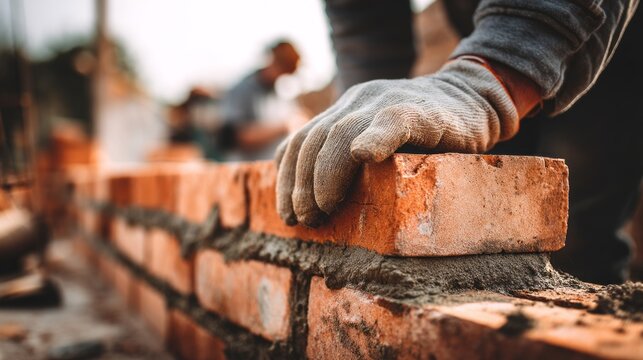 A bricklayer is laying bricks on a wall