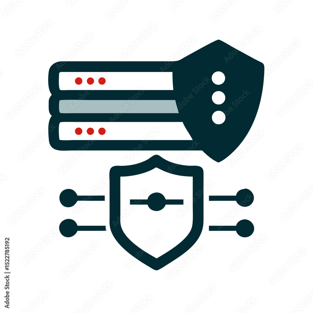 Poster data security shield icon with server and network protection elements