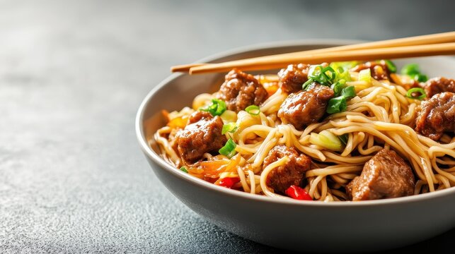 A flavorful bowl of noodles served with meat and vegetables, showcasing an inviting Asian culinary experience that highlights cultural diversity and culinary arts in a simple presentation.