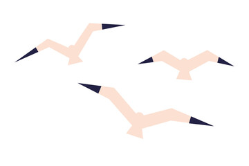 Minimalist illustration of three abstract flying birds, seagulls with geometric wings and dark tips. Modern flat design, ideal for summer, coastal, or travel-themed projects. Isolated PNG 