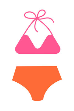 Pink orange two-piece bikini swimsuit with halter neck tie top and high-waisted bottom isolated on white background. Women's summer beach swimwear fashion illustration. High-res isolated PNG 