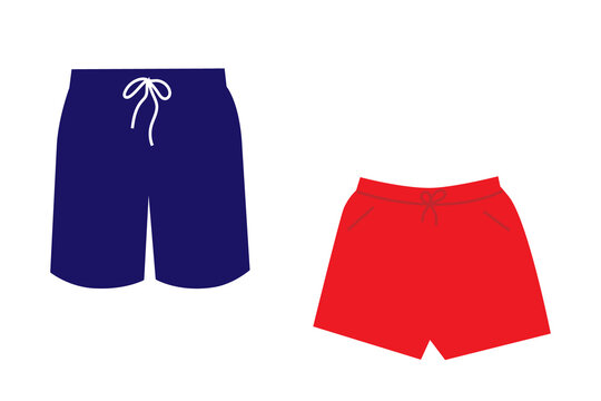 Flat vector illustration of two pairs of swim trunks&mdash;one red, one navy. Minimalist beachwear design, perfect for summer, travel, and fashion-themed visuals, social media post. High-res isolated PNG 