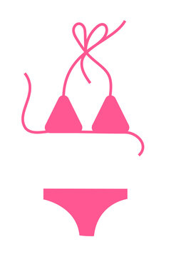 Bright pink bikini set with triangle top and tie straps, isolated on white background. Women&rsquo;s summer swimwear, beach fashion, lingerie, vector illustration. High-res PNG on transparent background
