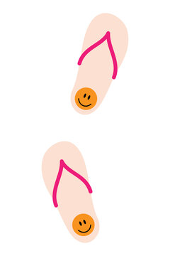 Naklejki Pink nude flip flops sandals with orange smiley face emoji isolated on white background. Summer beach footwear shoes with happy face design vector illustration. High-res isolated PNG 