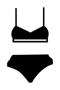 Black two-piece bikini swimsuit with underwire bra top and high-waisted bottom. Women's classic swimwear, underwear fashion vector illustration. High-res isolated PNG 