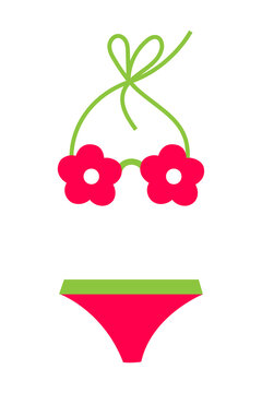 Pink green floral bikini two-piece swimsuit with flower pattern halter top and tie strings isolated on white background. Women's summer beach swimwear fashion vector illustration. High-res isolated PN