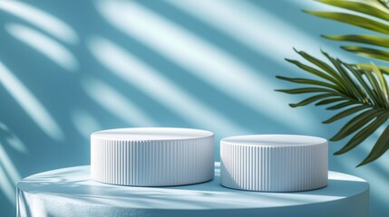 Minimalist white round podium featuring ribbed design on a serene background with light shadows