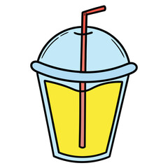 Hand drawn cartoon disposable cup of lemonade with straw on white background.