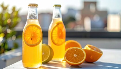Citrus beverages in bottles with slices, on table, outside under sunlight, buildings in background