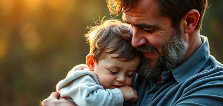 A father figure gently cradles a small child, heartwarming scene for Father's Day, love, graphic