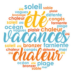 Vacances d’été. Nuage de mots en français. Illustration en couleurs. 