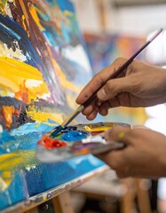 Fototapeta premium Artist Painting in Workshop with Palette and Brush