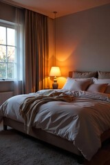 Cozy bedroom scene featuring a bed with warm, inviting lighting creating a relaxing atmosphere Perfect for interior design, home decor, and sleep-related projects , bedroom decor, space