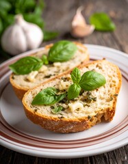 Bread with basil and garlic close-up on a plate. rustic table