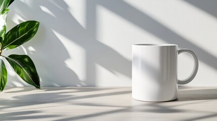 A clean and minimalist composition featuring a blank white coffee mug positioned on a table, with natural light casting soft shadows, evoking tranquility and simplicity.